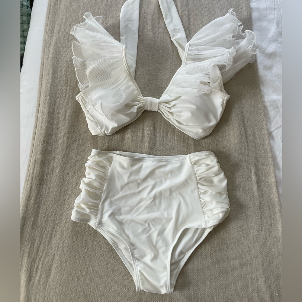White Bathing suit with frill | High wasted White Bathing Suit